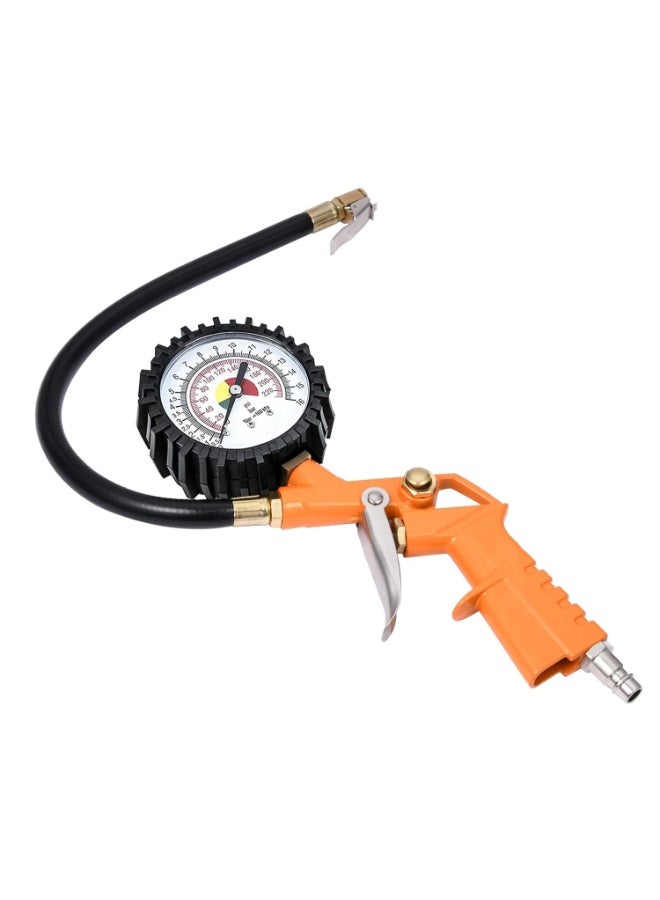 وي هاند مقياس ضغط الإطارات مع منفاخ وخرطوم وقابس توصيل سريع – مدى 0-220 PSI – أداة نفخ وتفريغ وقياس – هيكل معدني – لون برتقالي - Image 1