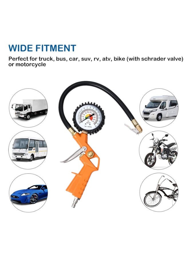 وي هاند مقياس ضغط الإطارات مع منفاخ وخرطوم وقابس توصيل سريع – مدى 0-220 PSI – أداة نفخ وتفريغ وقياس – هيكل معدني – لون برتقالي - Image 4