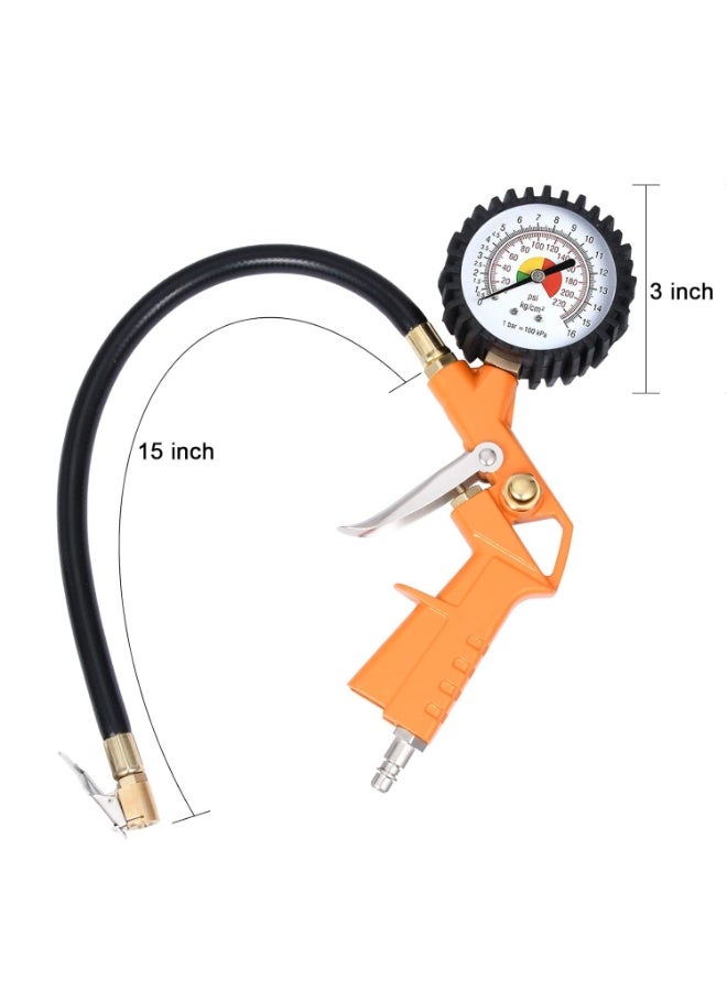 وي هاند مقياس ضغط الإطارات مع منفاخ وخرطوم وقابس توصيل سريع – مدى 0-220 PSI – أداة نفخ وتفريغ وقياس – هيكل معدني – لون برتقالي - Image 5