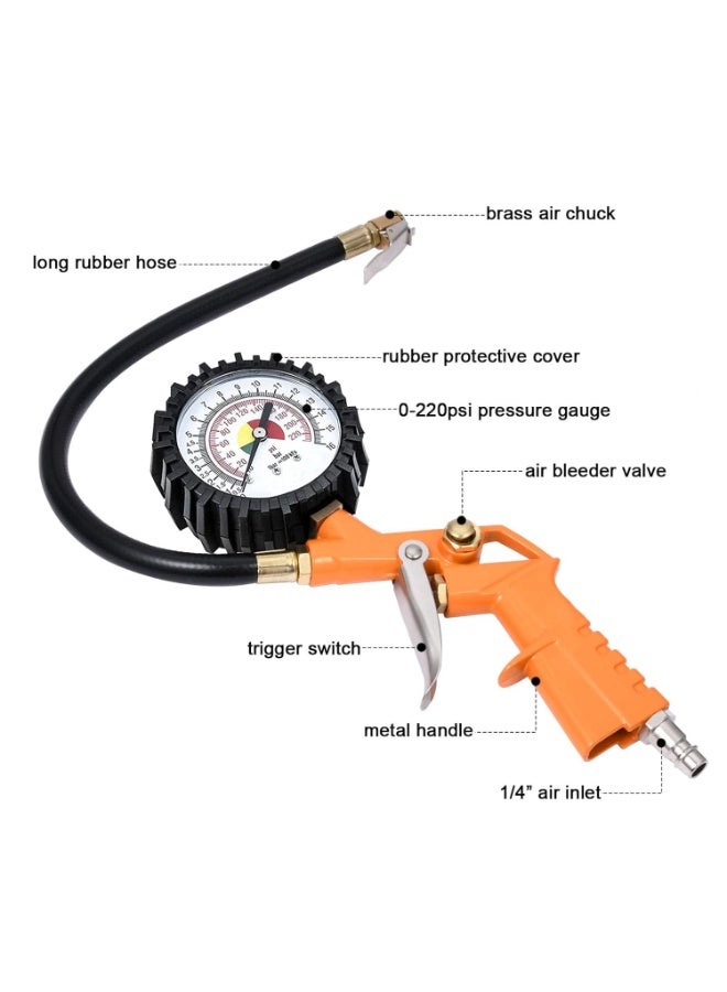 وي هاند مقياس ضغط الإطارات مع منفاخ وخرطوم وقابس توصيل سريع – مدى 0-220 PSI – أداة نفخ وتفريغ وقياس – هيكل معدني – لون برتقالي - Image 2
