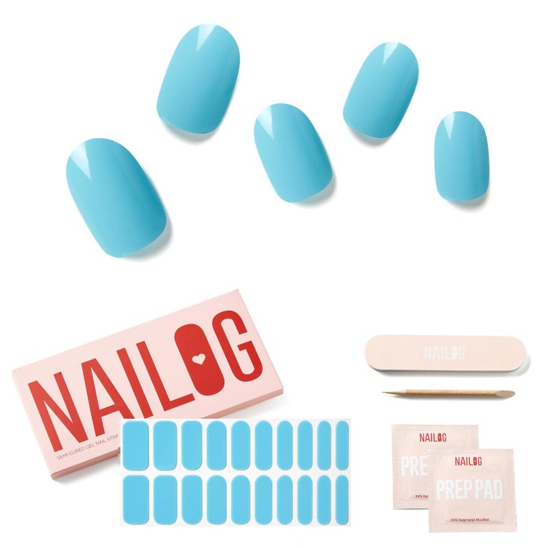 Semi Cured Gel Nail Strips NAILOG 20 Pcs Blue Gel Nail Stickers Extra Long Nail Wraps with Glossy Gel Finishing for Spring Summer Aqua