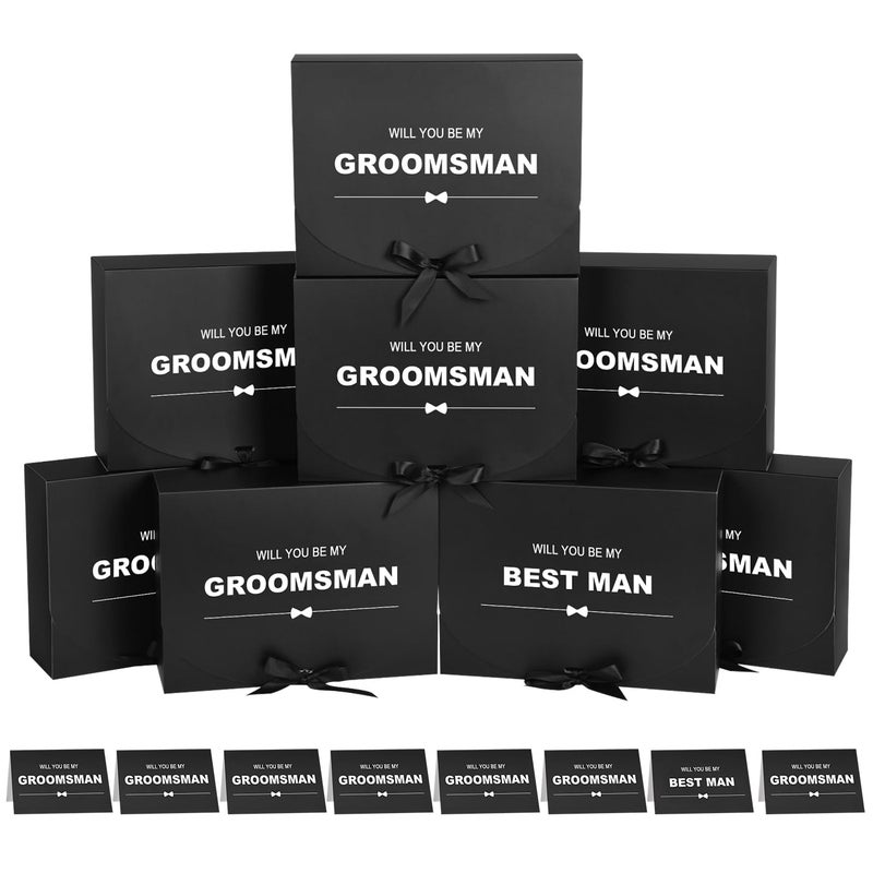 WLUSEAXI 8Pack Groomsmen Proposal Box with Card (7 Groomsmen Boxes,1 Best Man Box) , 10.6Ã—7.9Ã—3.1 Inch Groomsmen Gift Box with Ribbon, Will You Be My Groomsman Box, Wedding Gift Box for Groomsmen Proposal Gift - Image 1
