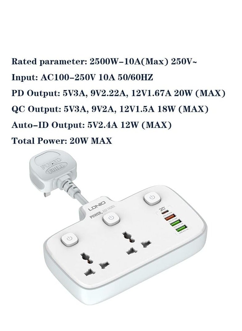 LDNIO Universal Power Strip USB Outlet Extension Cord Adapter Wall Charger Surge Protector Socket With 4 USB Port - White  - Image 4