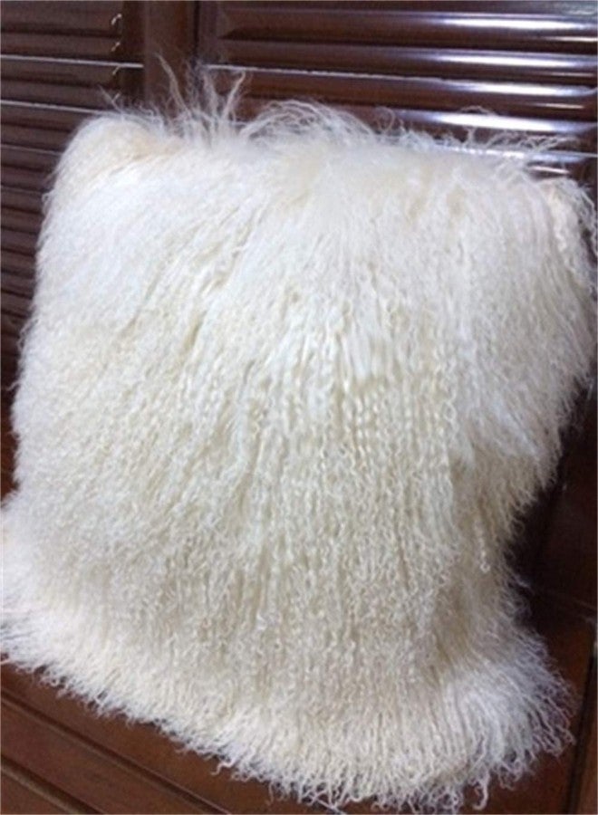 yingda1992 Mongolian Lamb Fur Throw Pillow Cover (16'' x 16'', White) Real Fur Decorative Cushion Cover Pillow Case for Living Room Bedroom - Image 1