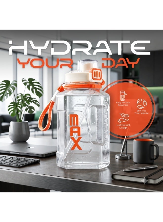 TR6 زجاجة مياه رياضية كبيرة TR6 Hydro Boost سعة 2200 مل مزودة بقشة ومقبض ومانعة للتسرب وخالية من مادة BPA وعلامة قياس وفم واسع للاستخدام في صالة الألعاب الرياضية والمكتب والاستخدام الخارجي، لون أسود شفاف (أبيض) - Image 4
