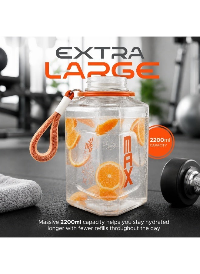 TR6 زجاجة مياه رياضية كبيرة TR6 Hydro Boost سعة 2200 مل مزودة بقشة ومقبض ومانعة للتسرب وخالية من مادة BPA وعلامة قياس وفم واسع للاستخدام في صالة الألعاب الرياضية والمكتب والاستخدام الخارجي، لون أسود شفاف (أبيض) - Image 1