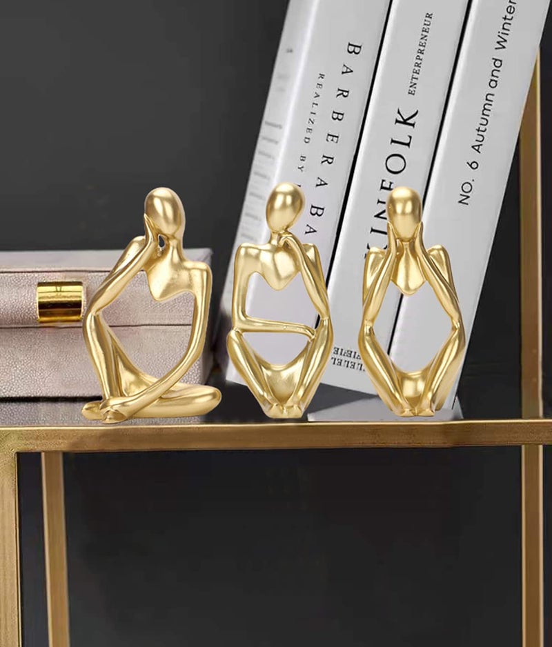 Dlfghos Gold Decor Thinker Statue Set Abstract Modern Sculpture Decor Set of 3 Golden Thinker Statues for Home Living Room Office Bookshelf Coffee table Shelf Desktop Decor Accents Resin Collectible Figurines - Image 2