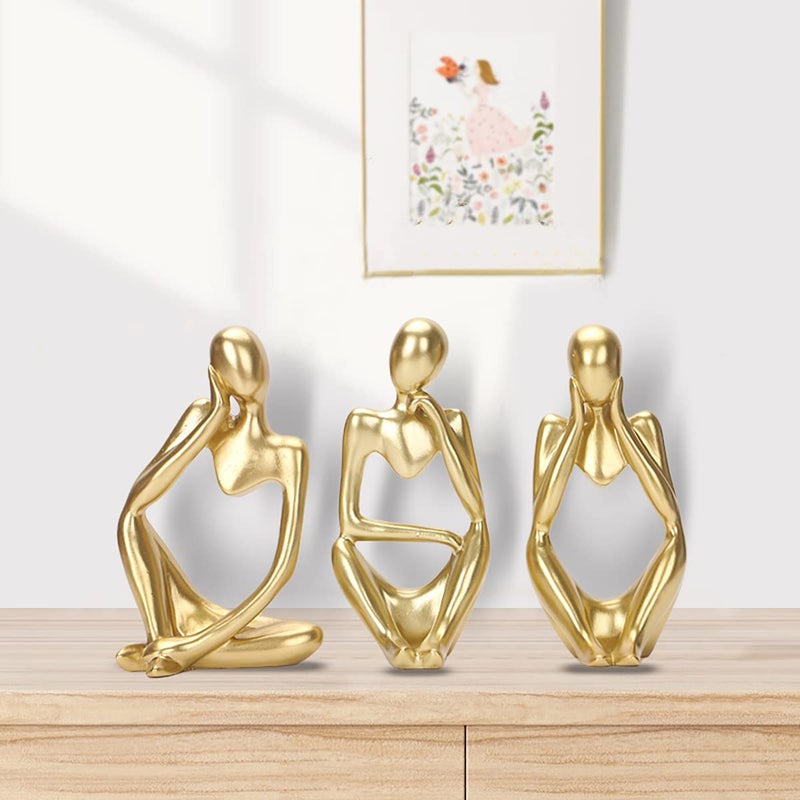 Dlfghos Gold Decor Thinker Statue Set Abstract Modern Sculpture Decor Set of 3 Golden Thinker Statues for Home Living Room Office Bookshelf Coffee table Shelf Desktop Decor Accents Resin Collectible Figurines - Image 3