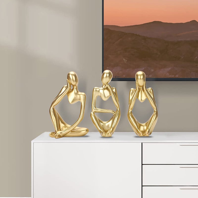 Dlfghos Gold Decor Thinker Statue Set Abstract Modern Sculpture Decor Set of 3 Golden Thinker Statues for Home Living Room Office Bookshelf Coffee table Shelf Desktop Decor Accents Resin Collectible Figurines - Image 5