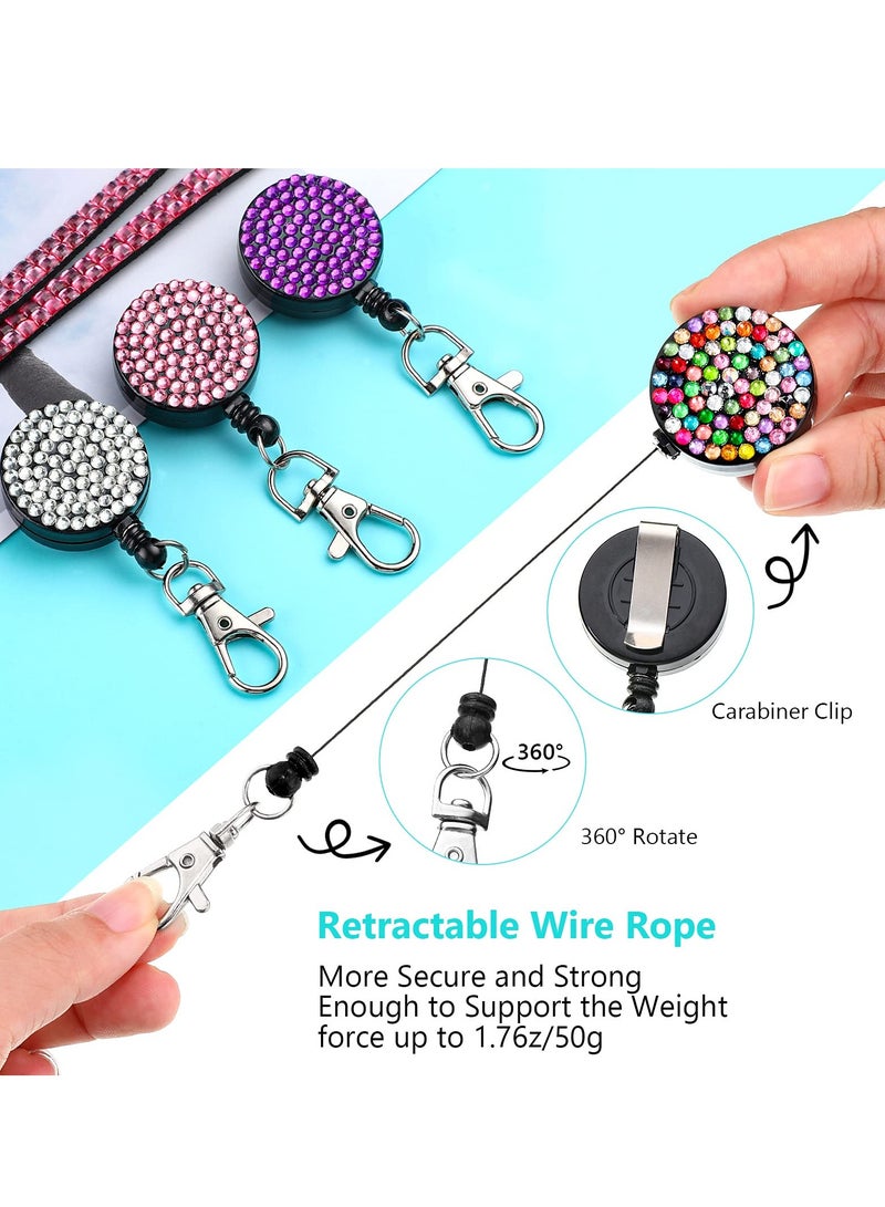 KASTWAVE Rhinestone Lanyard Sparkling ID Card Holder, 4 Pcs Crystal Retractable Badge Reel Rhinestone Neck Lanyard Card Holder with Metal Clasp and Key Ring for Women Nurse Teacher - Image 2