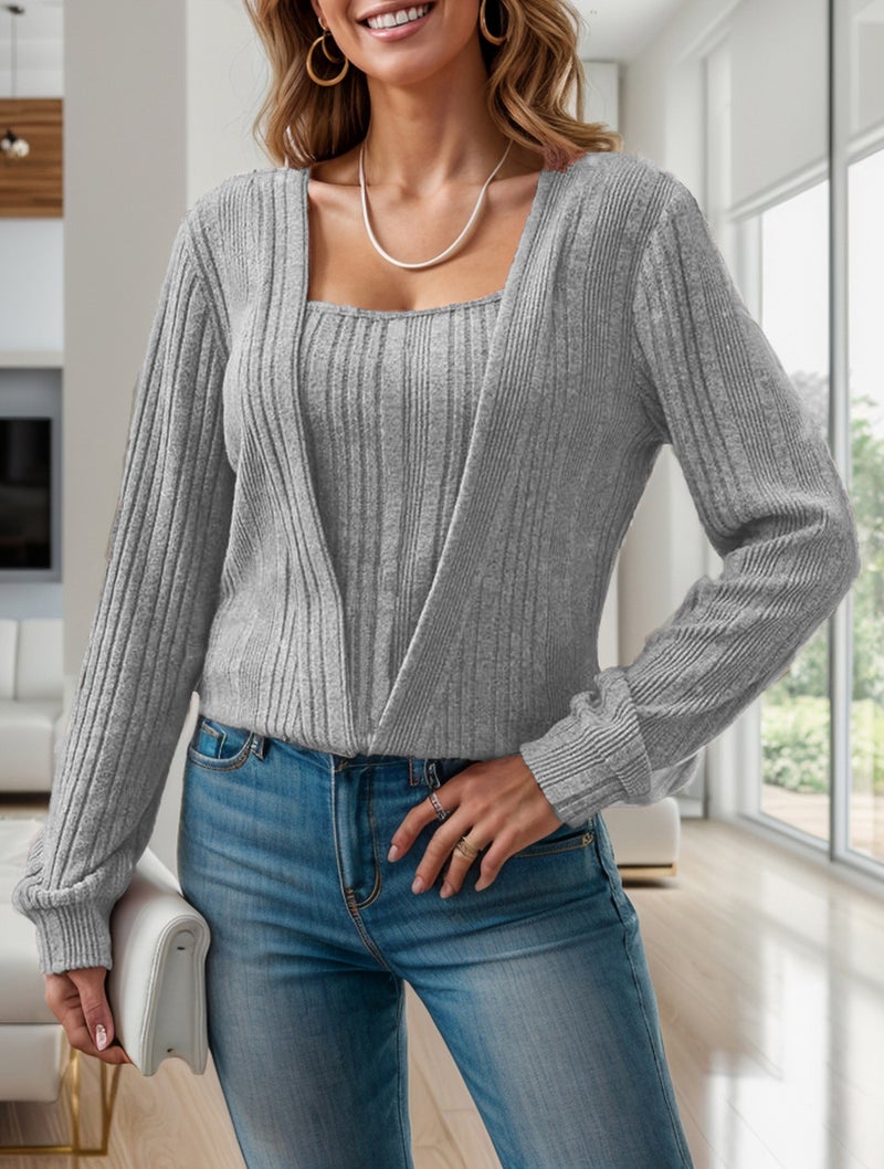 2024 Europe And America Independent Station New Solid Color Fashion Pit Square Collar Long Sleeve Fake Two-Piece Set - Image 1