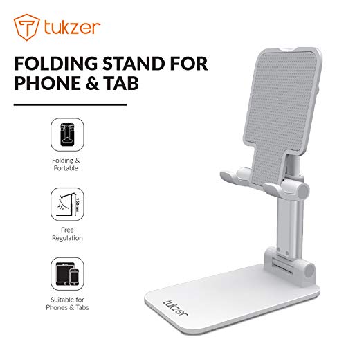 Tukzer Fully Foldable Tabletop Desktop Tablet Mobile Stand Holder - Angle & Height Adjustable for Desk, Cradle, Dock, Compatible with Smartphones & Tablets (White) - Image 2