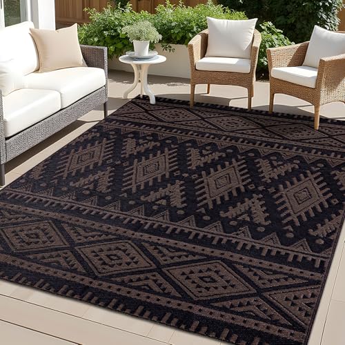 OLANLY Outdoor Rug Waterproof 5x8 ft, Reversible Outdoor Plastic Straw Rug, Boho Patio Rug, Indoor Outdoor Carpet, RV Mat Outside for Patio, Camp, Picnic, Balcony, Deck, Backyard, Black & Brown - Image 1