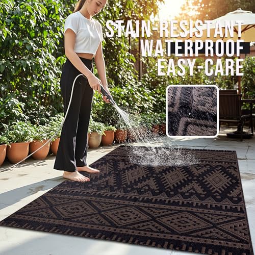 OLANLY Outdoor Rug Waterproof 5x8 ft, Reversible Outdoor Plastic Straw Rug, Boho Patio Rug, Indoor Outdoor Carpet, RV Mat Outside for Patio, Camp, Picnic, Balcony, Deck, Backyard, Black & Brown - Image 3
