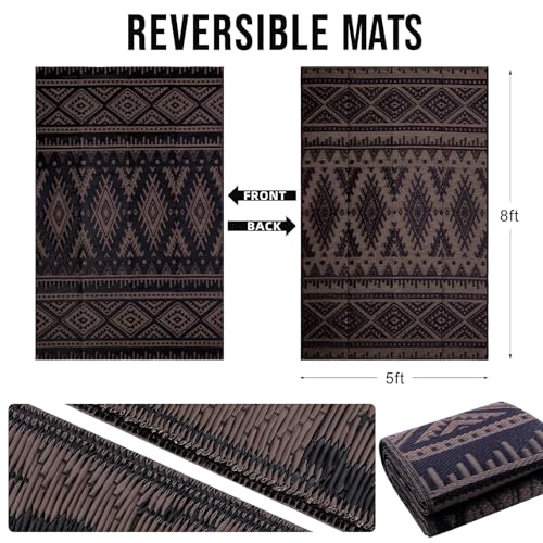 OLANLY Outdoor Rug Waterproof 5x8 ft, Reversible Outdoor Plastic Straw Rug, Boho Patio Rug, Indoor Outdoor Carpet, RV Mat Outside for Patio, Camp, Picnic, Balcony, Deck, Backyard, Black & Brown - Image 2