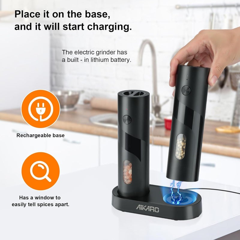 AIKARO - Electric Salt and Pepper Mill Automatic Spice Grinder, Rechargeable (Set) - Image 4