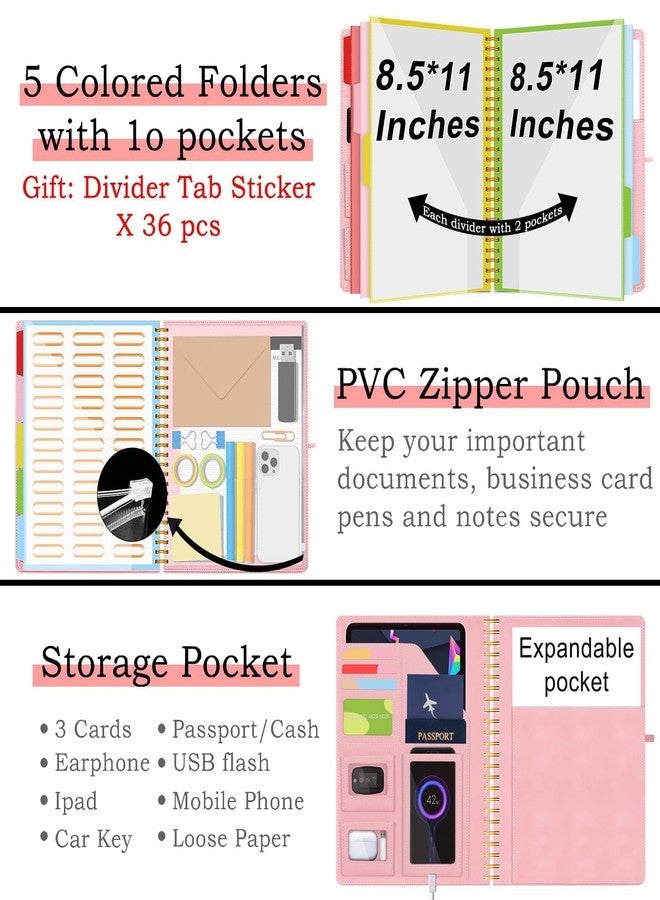 KLLVE Pink Foldable Spiral Clipboard Folio with Storage Zipper Pouch, 5 Plastic Folders with Pockets,Refillable Lined Notepad (8.5" x 11"), Hardcover Project Organizer with 39 Stickers - Image 3