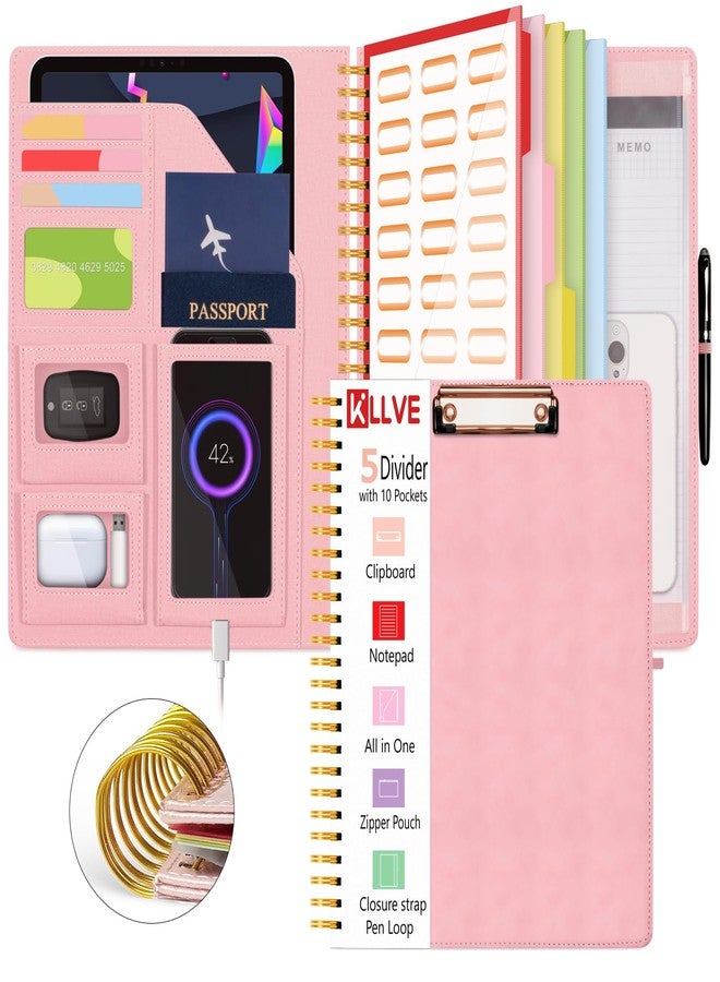 KLLVE Pink Foldable Spiral Clipboard Folio with Storage Zipper Pouch, 5 Plastic Folders with Pockets,Refillable Lined Notepad (8.5" x 11"), Hardcover Project Organizer with 39 Stickers - Image 1