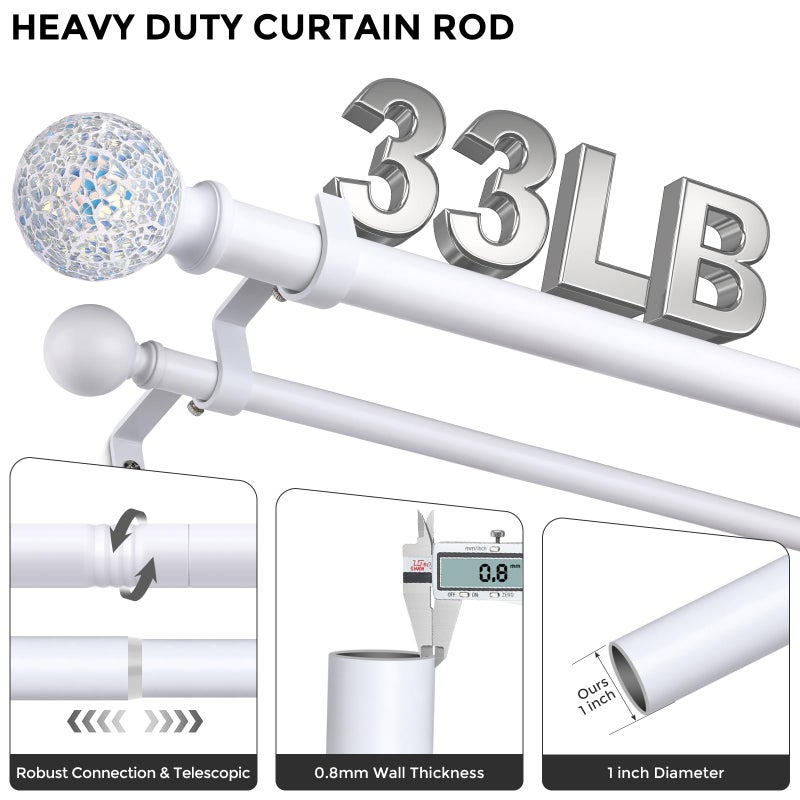 Wolistsa White Double Curtain Rod 72 to 144 Inch, Decorative Extra Long Dual Curtain Rod with Mosaic Glass Crystal Ball Finial, 1 Inch Adjustable Heavy Duty Cute Coastal Drapery Rods for Girls Room - Image 3