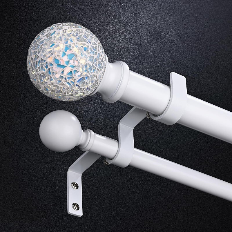 Wolistsa White Double Curtain Rod 72 to 144 Inch, Decorative Extra Long Dual Curtain Rod with Mosaic Glass Crystal Ball Finial, 1 Inch Adjustable Heavy Duty Cute Coastal Drapery Rods for Girls Room - Image 1