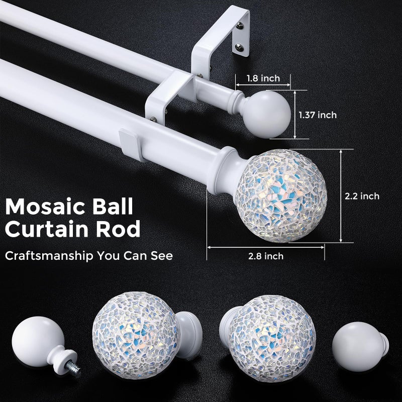 Wolistsa White Double Curtain Rod 72 to 144 Inch, Decorative Extra Long Dual Curtain Rod with Mosaic Glass Crystal Ball Finial, 1 Inch Adjustable Heavy Duty Cute Coastal Drapery Rods for Girls Room - Image 2