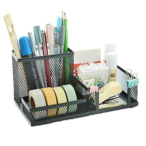 SUKHAD 3 Compartment Metal Mesh Stationary Stand | Desk Organizer | 20.32 X 10.41 X 9.4 CM | Black - Image 2