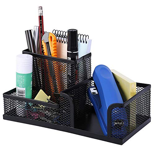 SUKHAD 3 Compartment Metal Mesh Stationary Stand | Desk Organizer | 20.32 X 10.41 X 9.4 CM | Black - Image 4