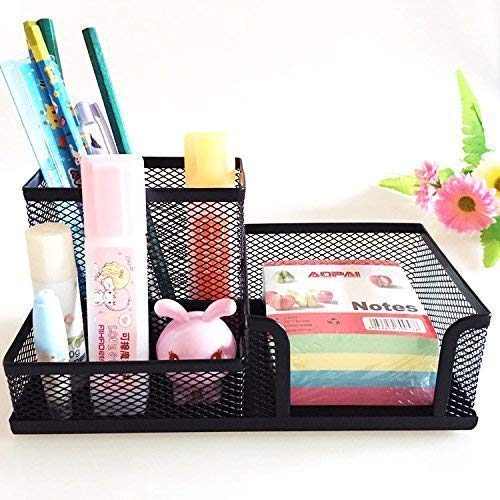 SUKHAD 3 Compartment Metal Mesh Stationary Stand | Desk Organizer | 20.32 X 10.41 X 9.4 CM | Black - Image 3