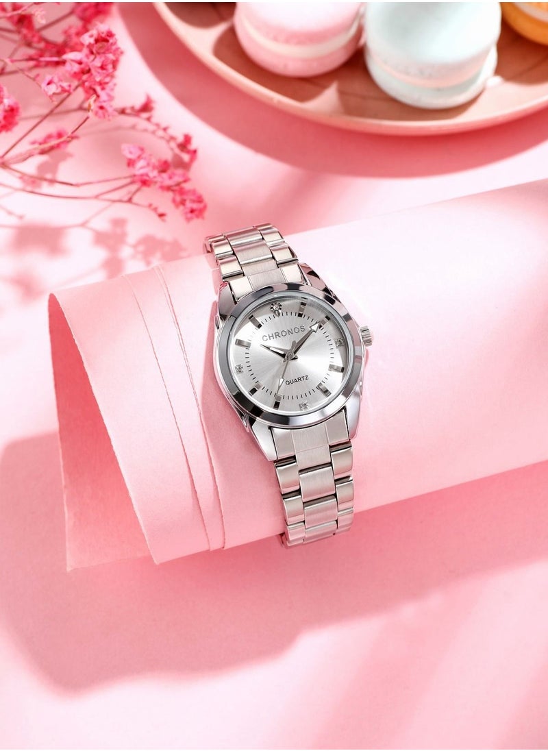 CHRONOS - Waterproof Stainless Steel Quartz Watch Round Analog Lady Steel Watch - Image 1