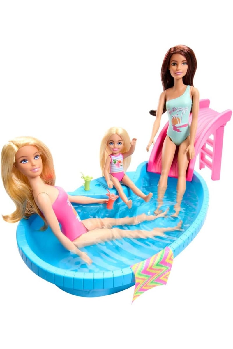 Barbie Doll and Pool Playset, Blonde with Pool, Slide, Towel and Drink Accessories - Image 1