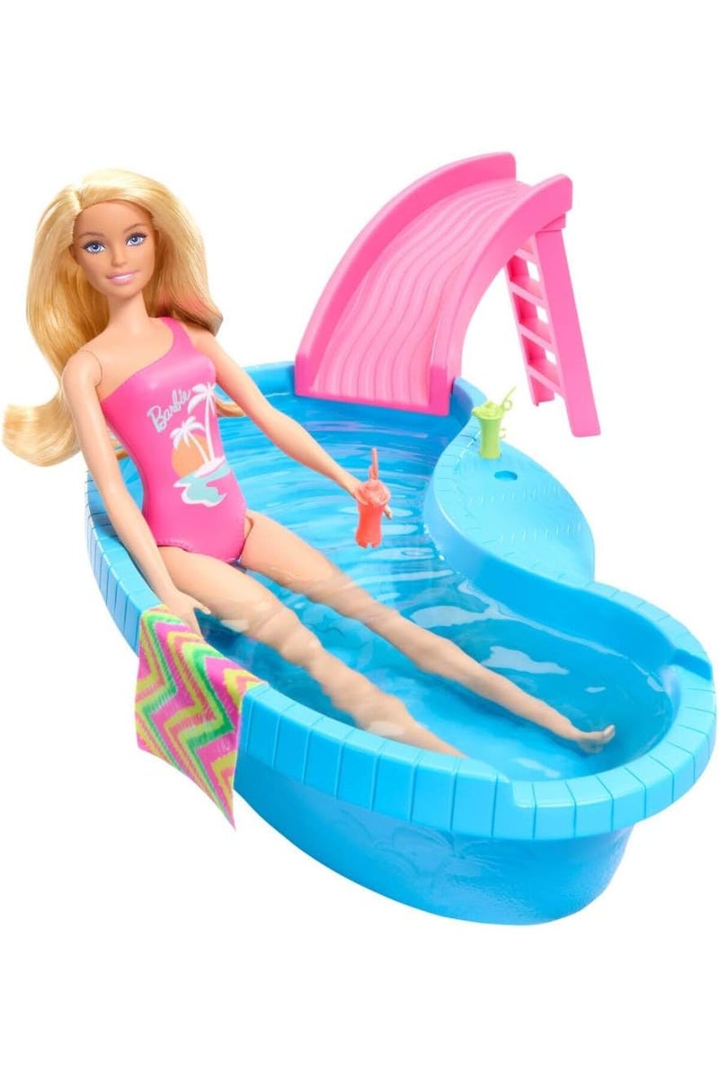 Barbie Doll and Pool Playset, Blonde with Pool, Slide, Towel and Drink Accessories - Image 2