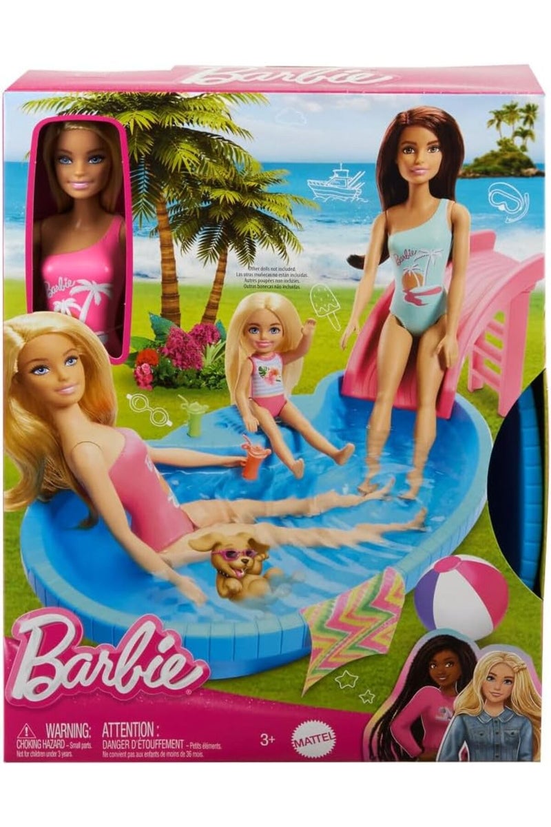 Barbie Doll and Pool Playset, Blonde with Pool, Slide, Towel and Drink Accessories - Image 3