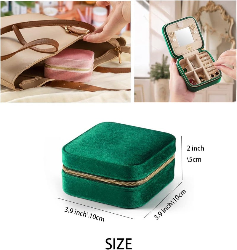 ZPROW Plush Velvet Travel Jewelry Case, Organizer, Box, Small Case for Women, Earring Organizer with Mirror, Best Gifts For Daughter, Girlfriend, Mom | Gifts For Her - Emerald Green - Image 5