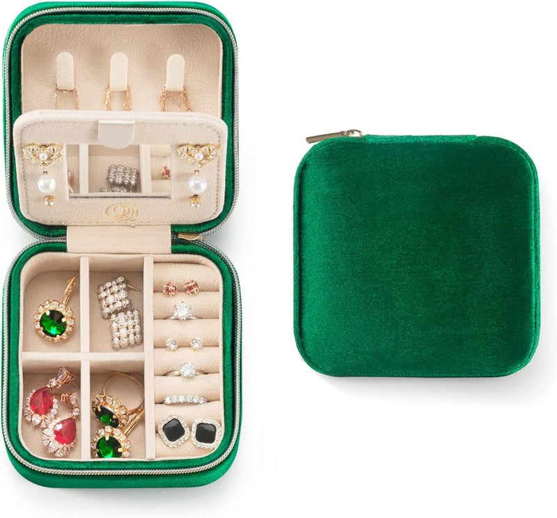 ZPROW Plush Velvet Travel Jewelry Case, Organizer, Box, Small Case for Women, Earring Organizer with Mirror, Best Gifts For Daughter, Girlfriend, Mom | Gifts For Her - Emerald Green - Image 1