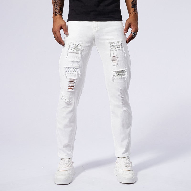 [Celebrity Style] Light Luxury Diamond Ripped Jeans For Men, White Stretch Slim Fit Pants With Patch Decoration