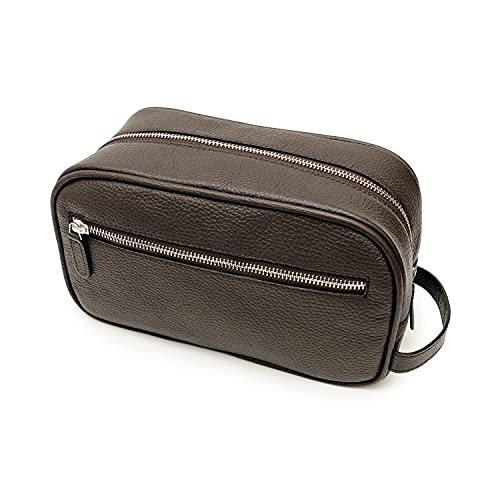 Maruse Italian Leather Toiletry Travel Bag with 2 Zippered Closures for Men and Women, Handmade in Italy, Brown - Image 1