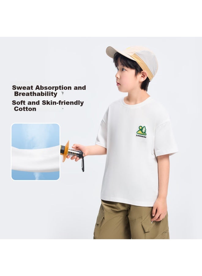 Zuoxi Boys' Short Sleeve T-shirt Pure Cotton Children's Summer White Top New Style Boys' Big Kids Base Layer White 140 - Image 2