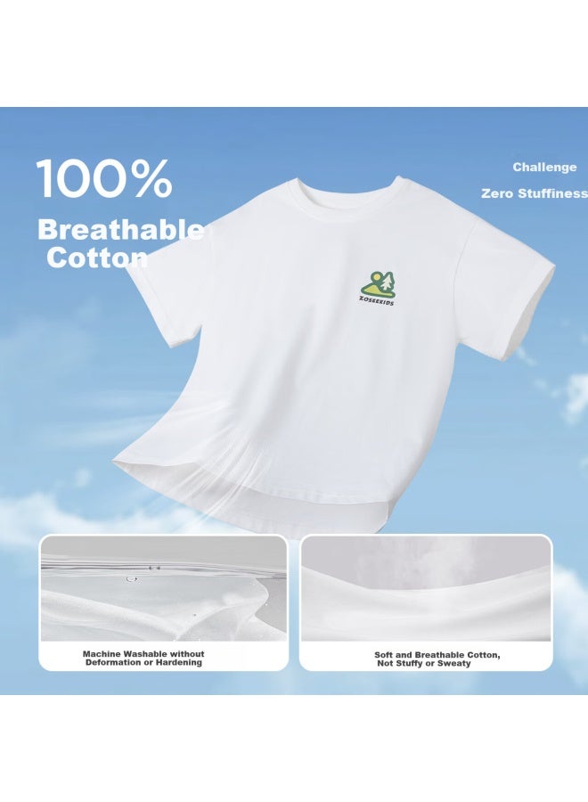 Zuoxi Boys' Short Sleeve T-shirt Pure Cotton Children's Summer White Top New Style Boys' Big Kids Base Layer White 140 - Image 5