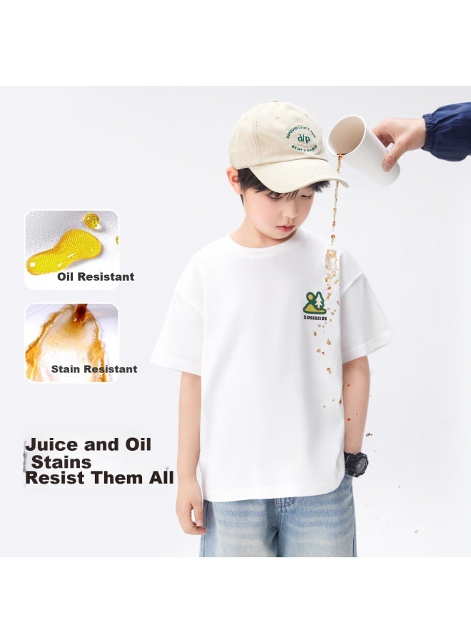 Zuoxi Boys' Short Sleeve T-shirt Pure Cotton Children's Summer White Top New Style Boys' Big Kids Base Layer White 140 - Image 1
