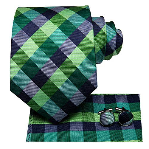 Hi-Tie Green Black Plaid 63" Extra Long Ties Set Silk Necktie Pocket Square Cufflink Set For Big Tall Men Xl Tie Wedding Business - Image 2