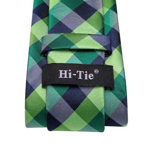Hi-Tie Green Black Plaid 63" Extra Long Ties Set Silk Necktie Pocket Square Cufflink Set For Big Tall Men Xl Tie Wedding Business - Image 5