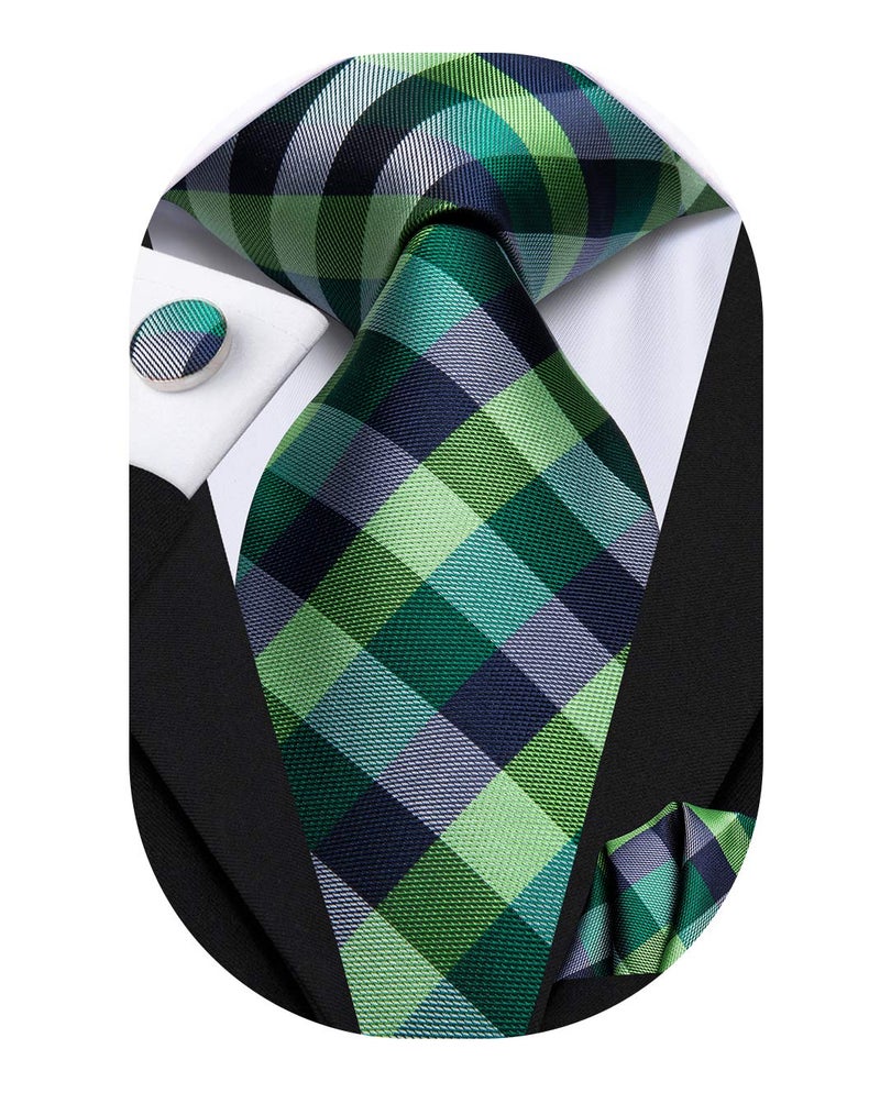 Hi-Tie Green Black Plaid 63" Extra Long Ties Set Silk Necktie Pocket Square Cufflink Set For Big Tall Men Xl Tie Wedding Business - Image 1
