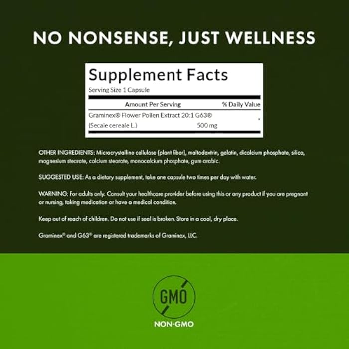 Swanson Maximum Strength Graminex Flower Pollen Extract - Supports Prostate Health, Urinary Tract Function, and Kidney Health - Mens Health Supplement - (60 Capsules, 500mg Each) (4 Pack) - Image 3