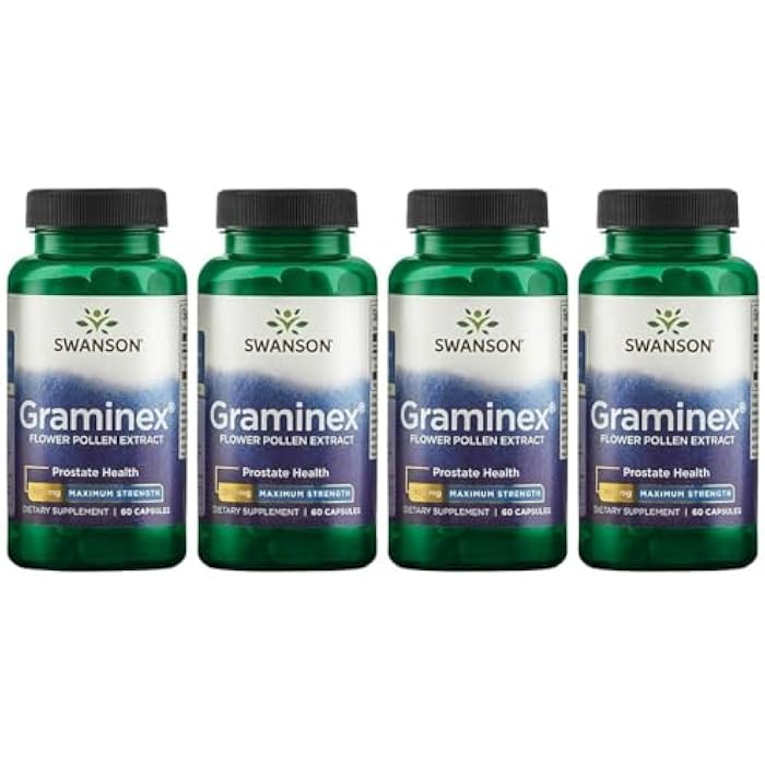 Swanson Maximum Strength Graminex Flower Pollen Extract - Supports Prostate Health, Urinary Tract Function, and Kidney Health - Mens Health Supplement - (60 Capsules, 500mg Each) (4 Pack) - Image 1