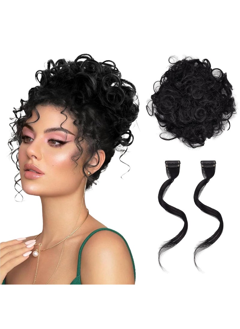 NICENEEDED - NICENEEDED Messy Hair Bun Hairpiece Set Wave Large Curly Hair Bun with 2 Pcs Long Curly Side Bangs Fake Hair Bun Scrunchie Hair Pieces Synthetic Updo Hair Ponytail Extension for Women - Image 1