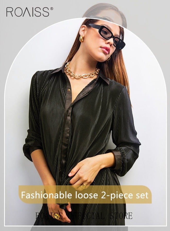 roaiss 2 Piece Stretch Fabric Women Casual Suit Long Sleeved Shirt and Loose Fitting Trousers Pleating Process Comfortable and Skin-Friendly Fabric Candy Color Matching for Daily Commuting Wear - Image 2