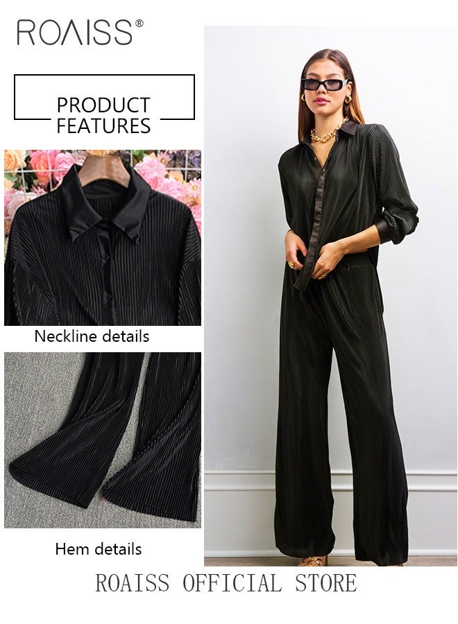 roaiss 2 Piece Stretch Fabric Women Casual Suit Long Sleeved Shirt and Loose Fitting Trousers Pleating Process Comfortable and Skin-Friendly Fabric Candy Color Matching for Daily Commuting Wear - Image 5