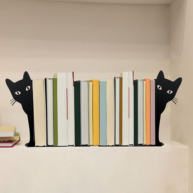Ecqizer ايكوايزر مساند كتب معدنية بتصميم قطة لطيفة، اطراف كتب على شكل قطة لطيفة للارفف ورف الكتب والاغراض الزخرفية للمنزل والمكتب ورف الكتب، هدايا لمحبي القطط للنساء (اسود) - Image 4