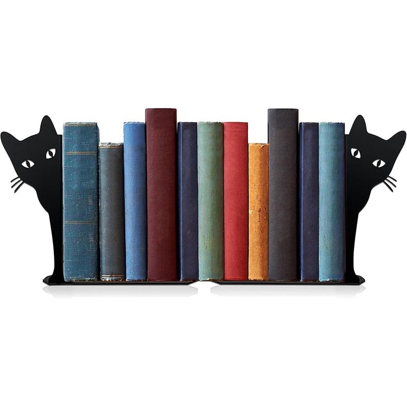 Ecqizer ايكوايزر مساند كتب معدنية بتصميم قطة لطيفة، اطراف كتب على شكل قطة لطيفة للارفف ورف الكتب والاغراض الزخرفية للمنزل والمكتب ورف الكتب، هدايا لمحبي القطط للنساء (اسود) - Image 1