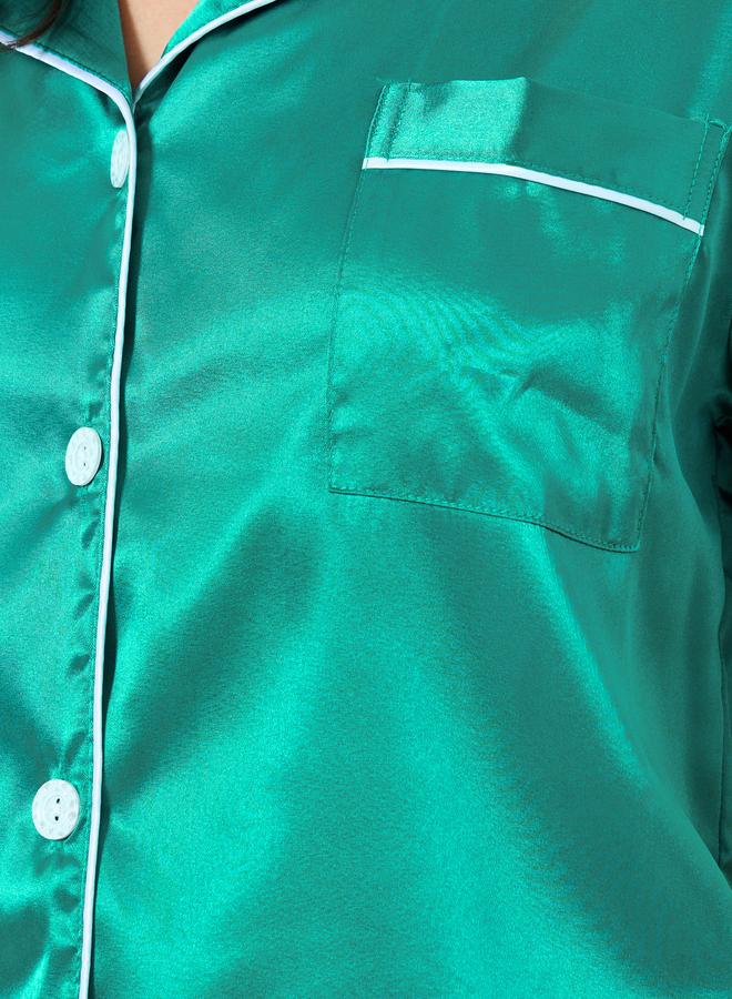 Take Two Green Solid Piping Detail Shirt and Shorts Set - Image 3